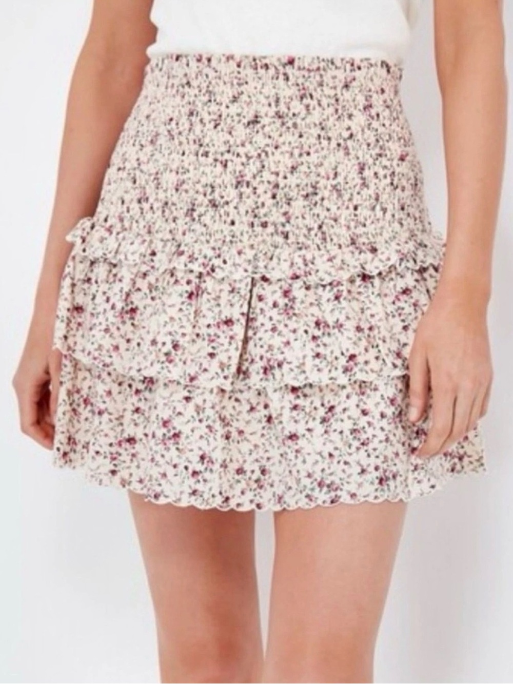 Hyacinth House Smocked Floral Tiered Mini Skirt in Cream and Pink L 10 12 NWT